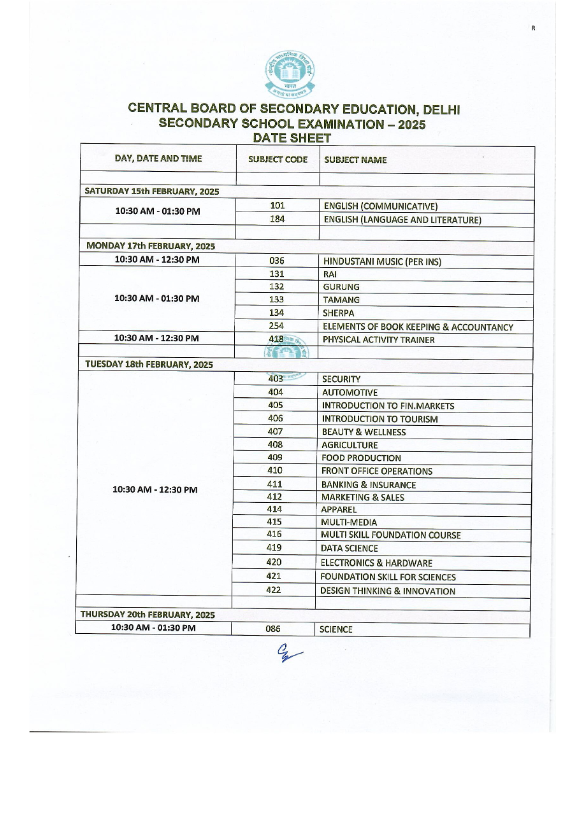 CBSE Board time table 2025